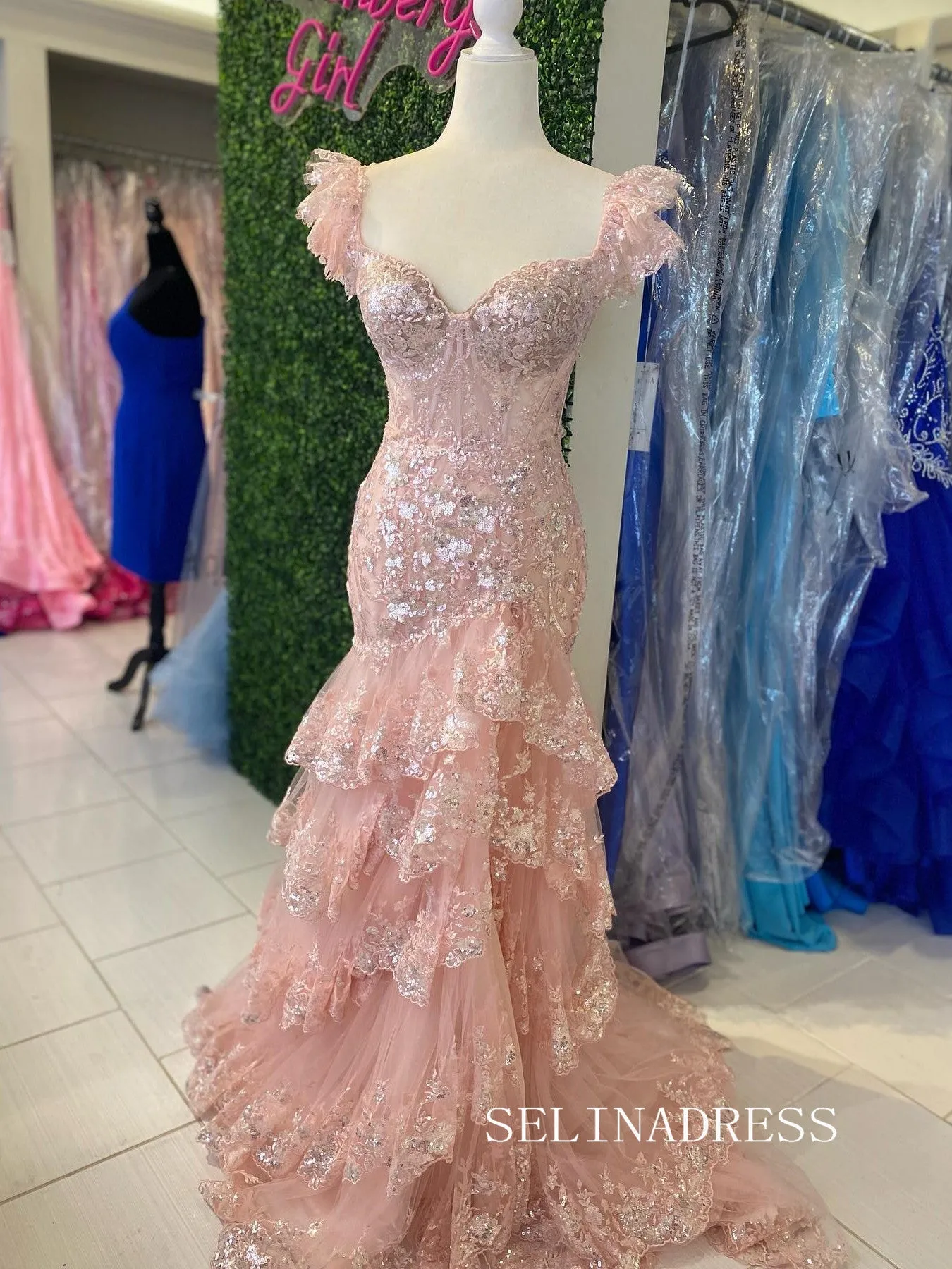 Chic Mermaid Pink Lace Long Prom Dresses Layered Long Evening Dress #TKL203