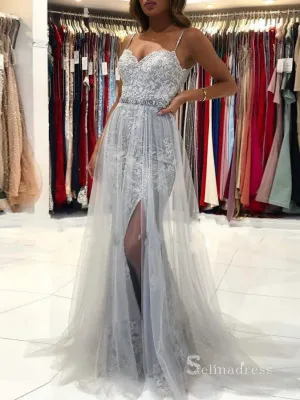 Chic Mermaid Spaghetti Straps Gray Long Prom Dresses Applique Evening Dresses MLH1224