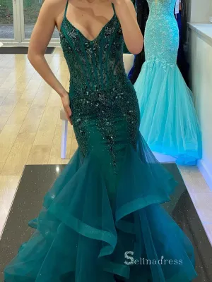 Chic Mermaid Spaghetti Straps Green Long Prom Dresses Beaded Evening Dress MLK029