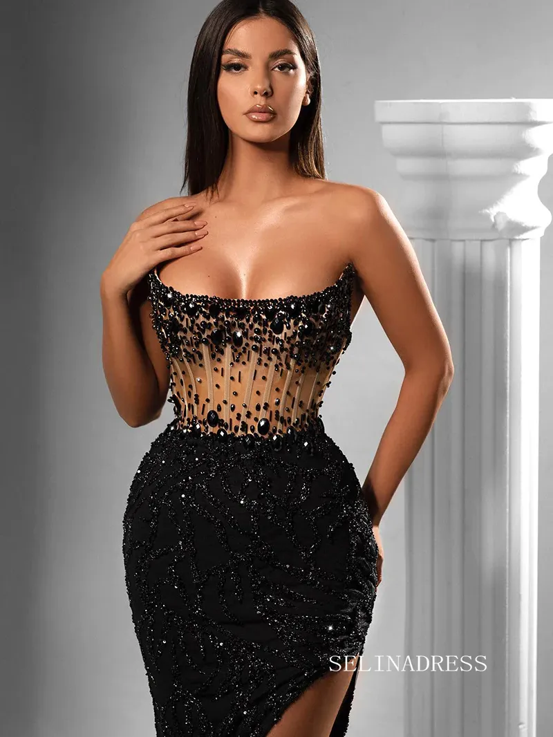 Chic Mermaid Strapless Black Long Prom Dresses Beaded Evening Dress sew0336