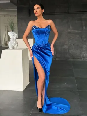 Chic Mermaid Strapsless Royal Blue Cheap Long Prom Dresses Sexy Satin Evening Gowns MLH050