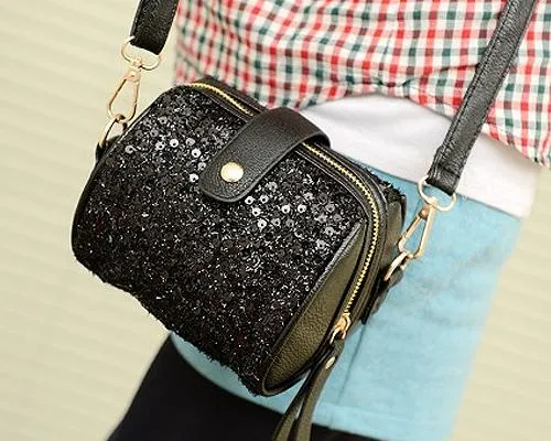 Chic Mini Shoulder Bag with Detatchable Strap - Black Sequin