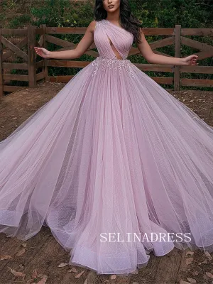 Chic One Shoulder Cheap Prom Dresses Modest Pink Tulle Long Evening Dress TKH010