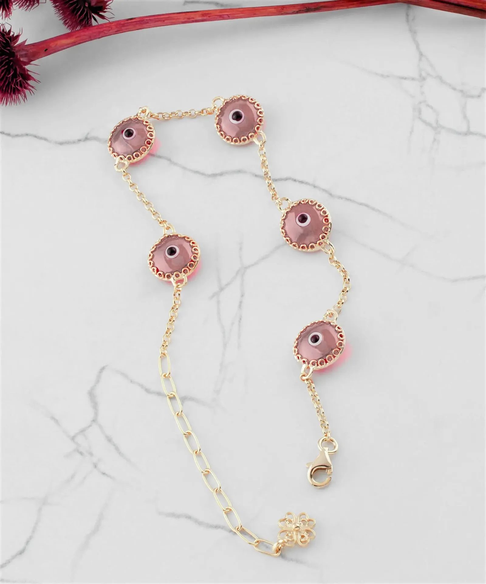 Chic Pink Evil Eye Murano Glass Bracelet - Gold Plated Silver Protection Charm