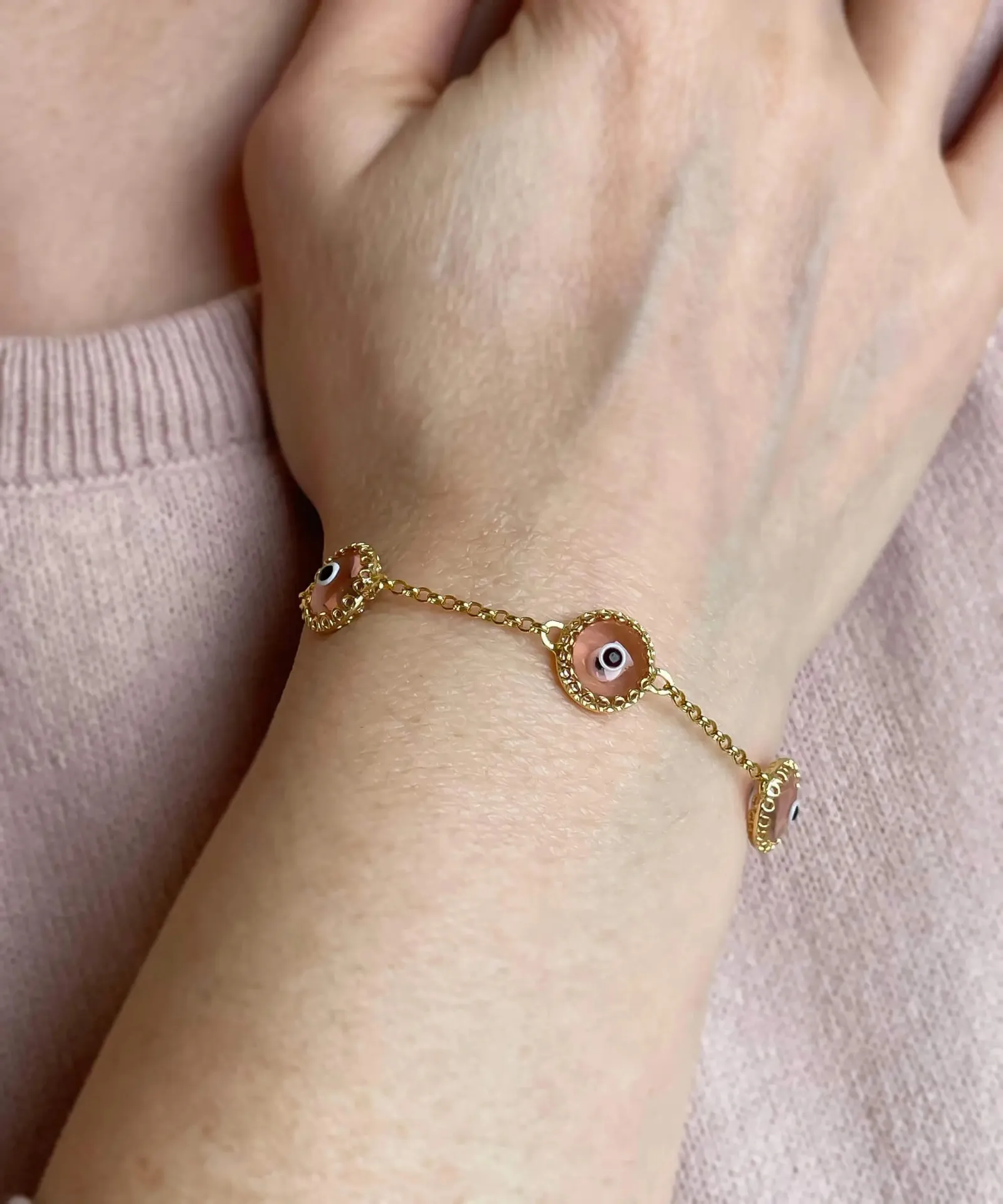 Chic Pink Evil Eye Murano Glass Bracelet - Gold Plated Silver Protection Charm