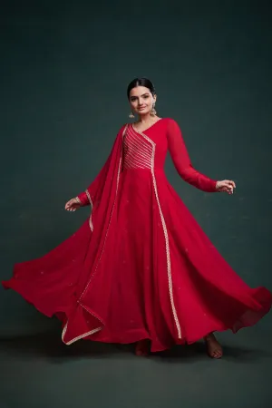 Chic Red Georgette Dress with Elegant Prints – Ready to Wear