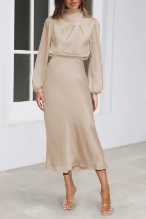 Chic Satin Long Sleeve Midi High Neck Dress