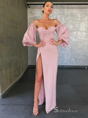 Chic Sheath/Column Off-the-shoulder Pink Long Prom Dress Elegant Evening Dresses MHL186