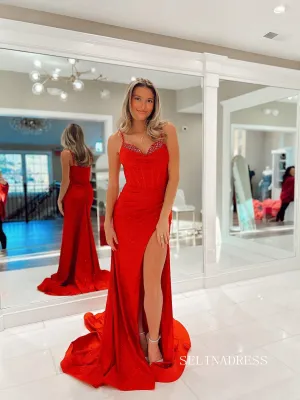 Chic Sheath/Column Spaghetti Straps Red Long Prom Dresses Elegant Evening Gowns lpk113