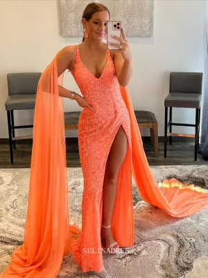 Chic Sheath/Column V neck Orange Long Prom Dresses Sequins Long Evening Dress Formal Dresses TKL073