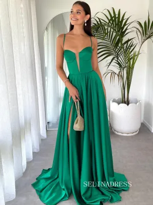 Chic Spaghetti Straps Hunter Green Long Prom Dresses Cheap Evening Party Dress SEW0194