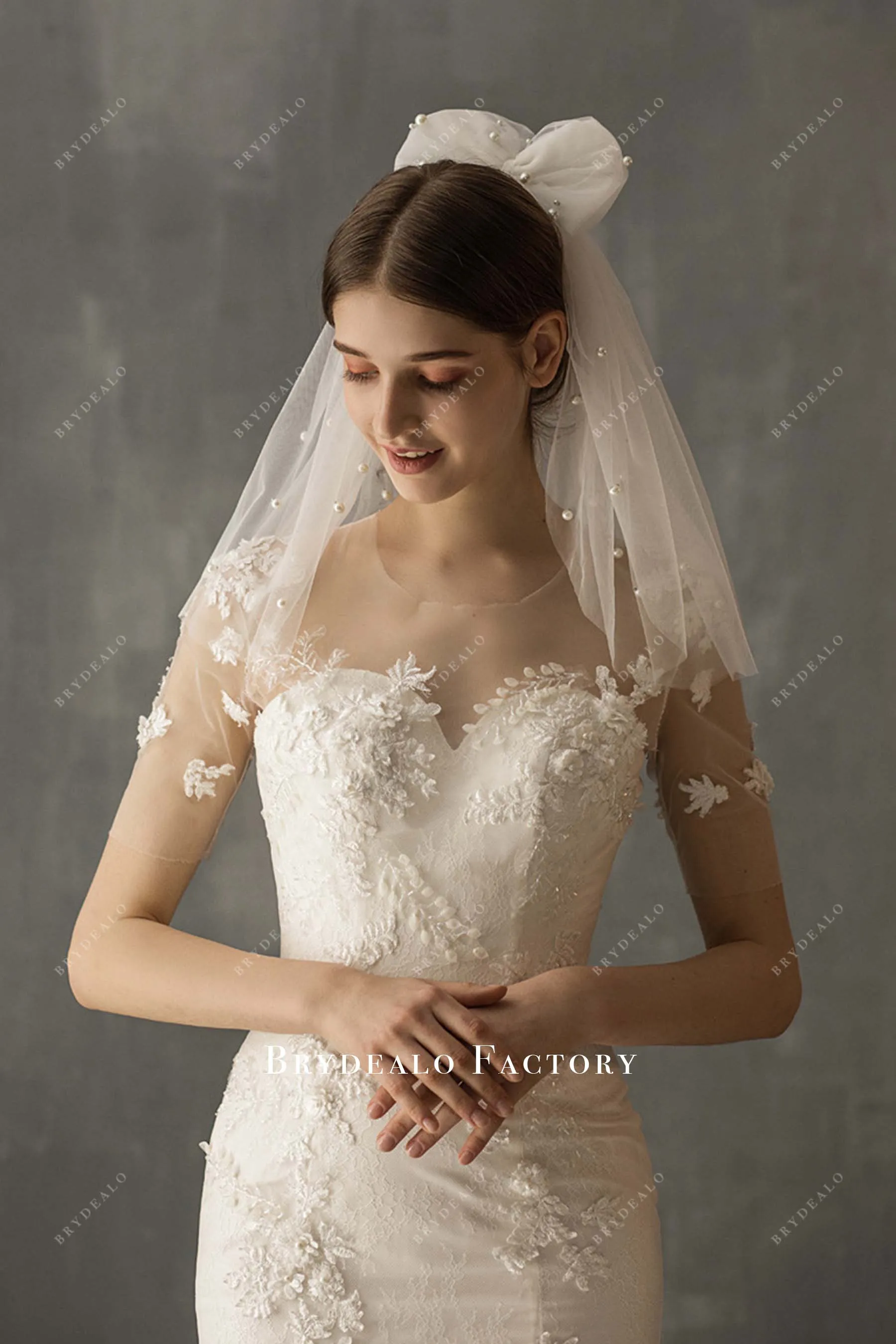 Chic Two Tier Shoulder Length Pearl Bow Bridal Veil