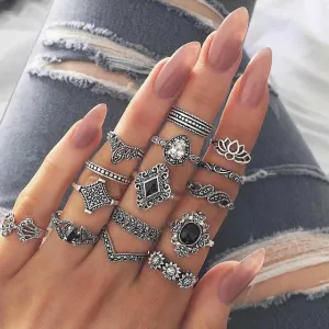 Chic Vintage Silver Boho Midi Ring Set - 15 Piece Collection with Inlaid Stones, Silver Midi Rings, Eclectic Jewelry Collection