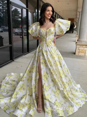 Chic Yellow Floral Long  Prom Dresses With Slit Puff Sleeve Evening Dress sew1005