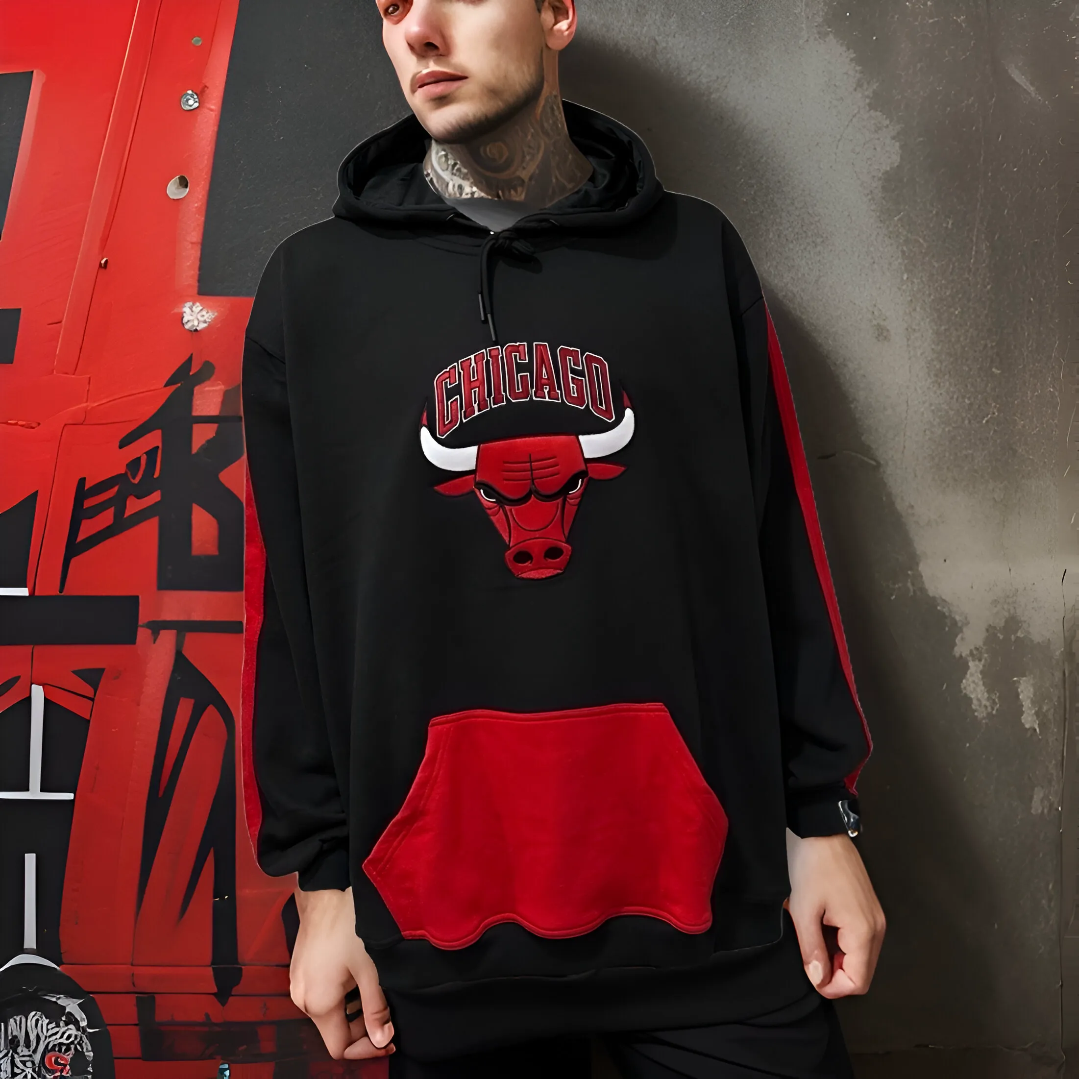 ^CHICAGO 23^ (BLACK-RED) PULLOVER HOODIES (EMBROIDERED)