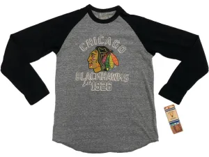 Chicago Blackhawks Retro Brand Gray Black Burnout LS Baseball Style T-Shirt (S)