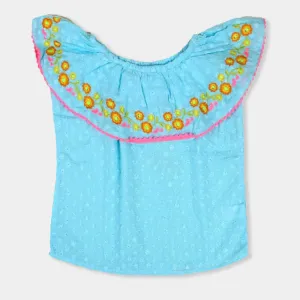 Chicken Embroidered Top For Girls - Sky Blue