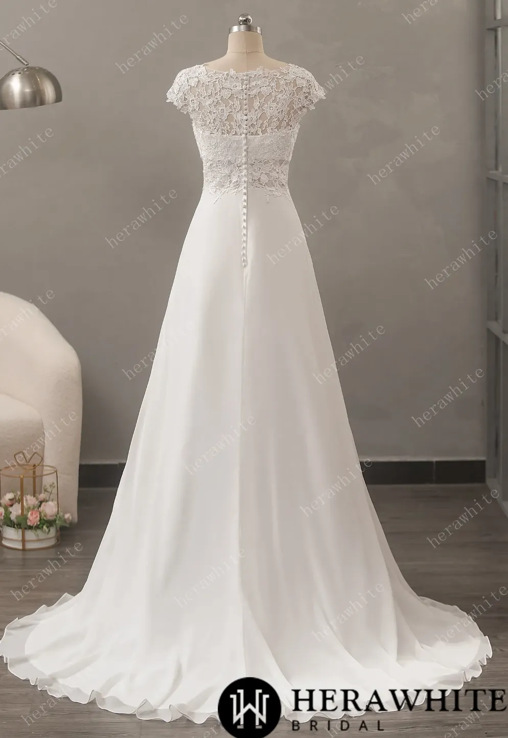 Chiffon Lace A-Line Wedding Dress with Cap Sleeve