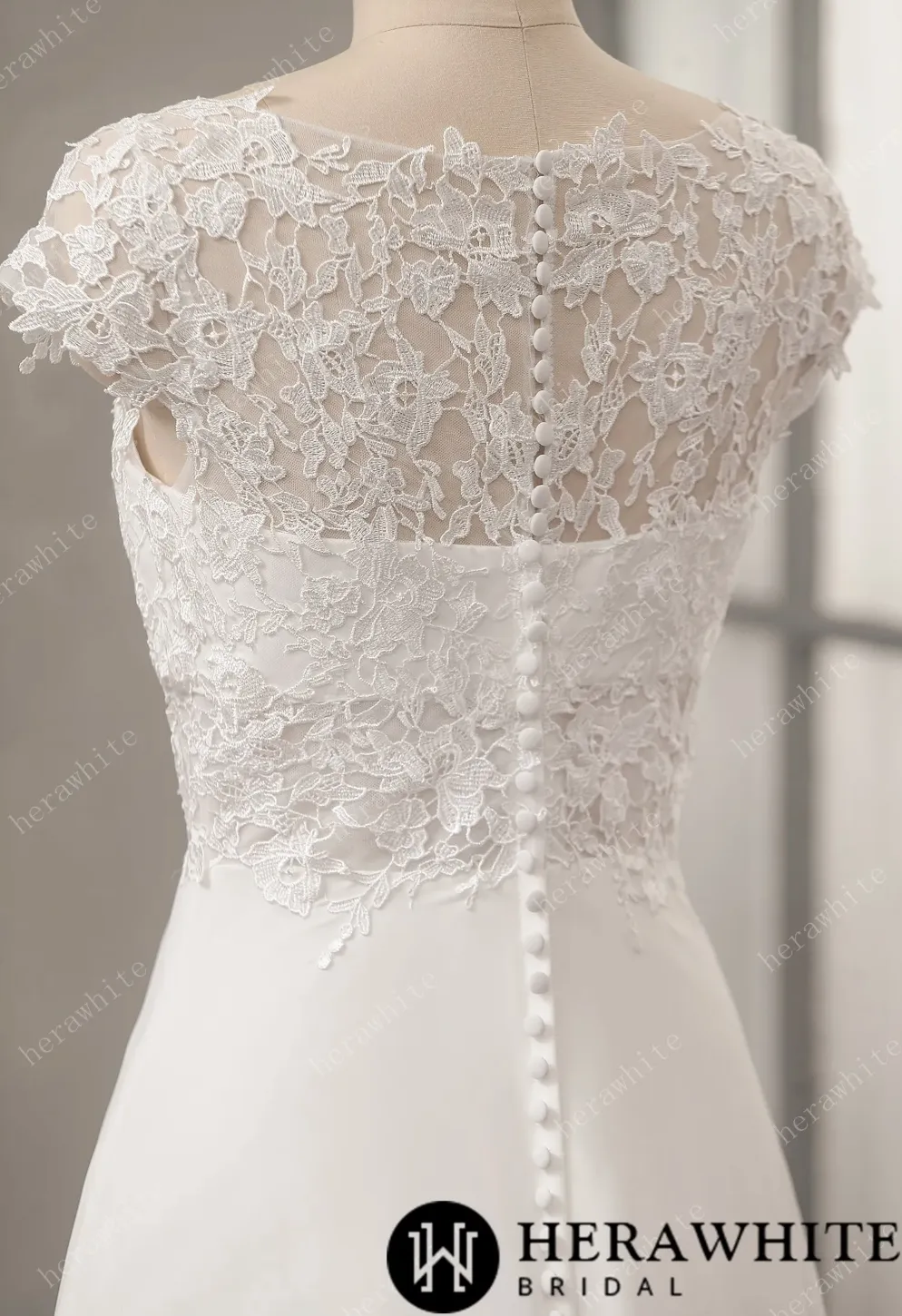 Chiffon Lace A-Line Wedding Dress with Cap Sleeve