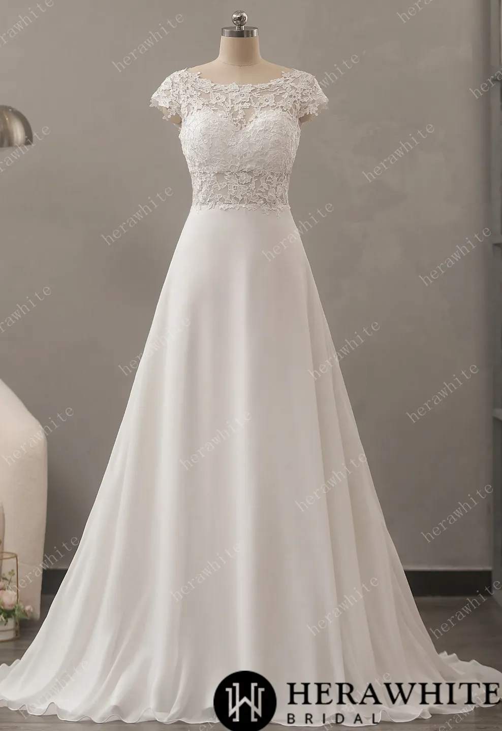 Chiffon Lace A-Line Wedding Dress with Cap Sleeve