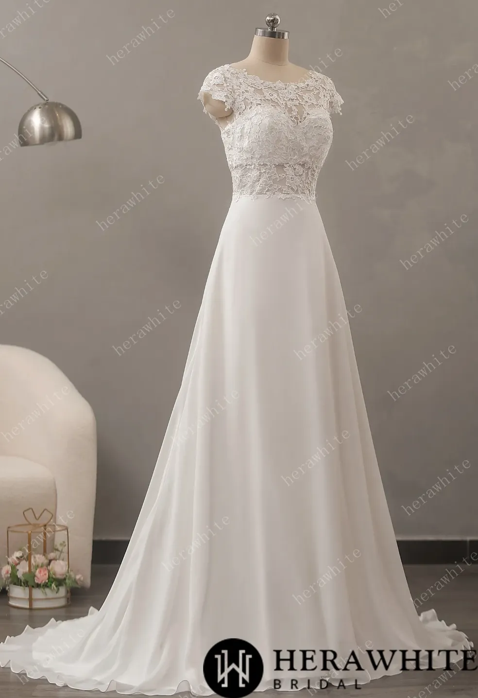 Chiffon Lace A-Line Wedding Dress with Cap Sleeve