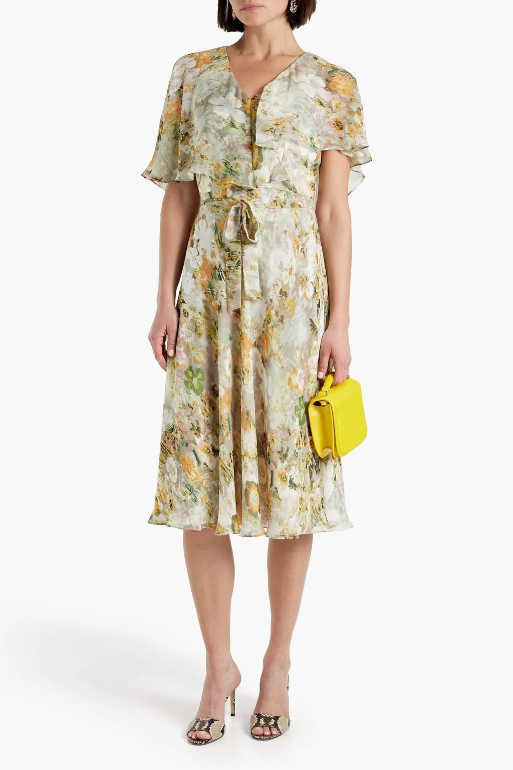 Chiffon midi dress with cape effect and floral print MIKAEL AGHAL, green