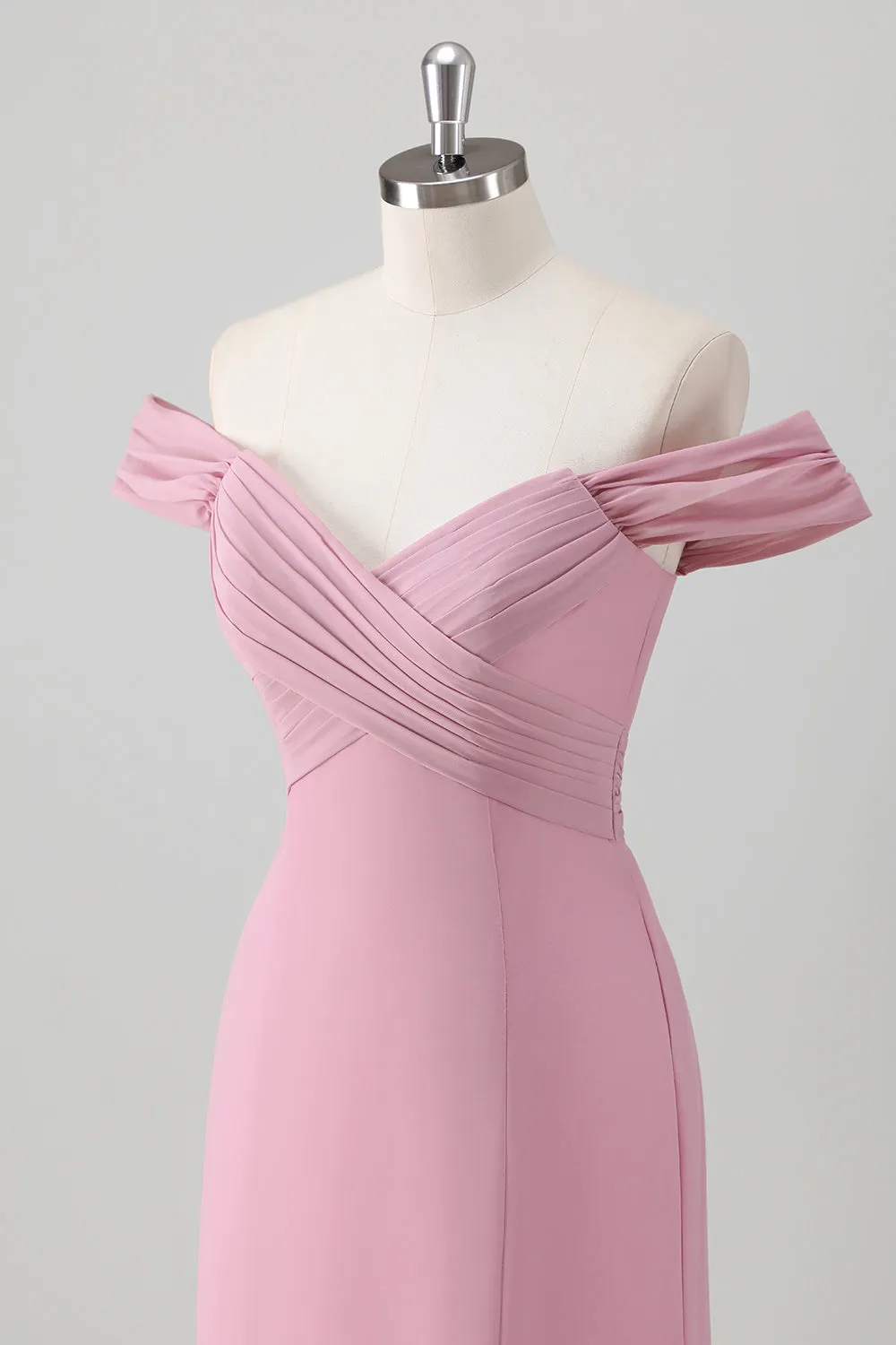 Chiffon Pink Off the Shoulder Sheath Bridesmaid Dress with Slit