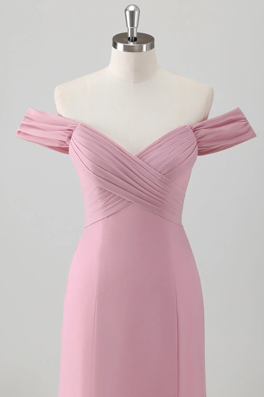 Chiffon Pink Off the Shoulder Sheath Bridesmaid Dress with Slit