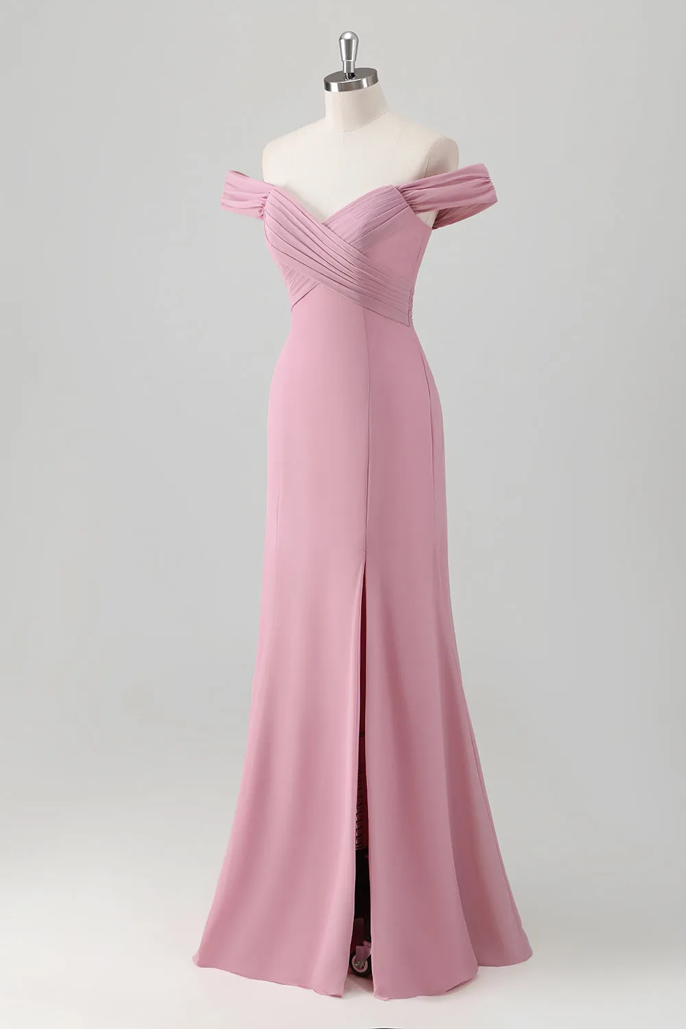 Chiffon Pink Off the Shoulder Sheath Bridesmaid Dress with Slit