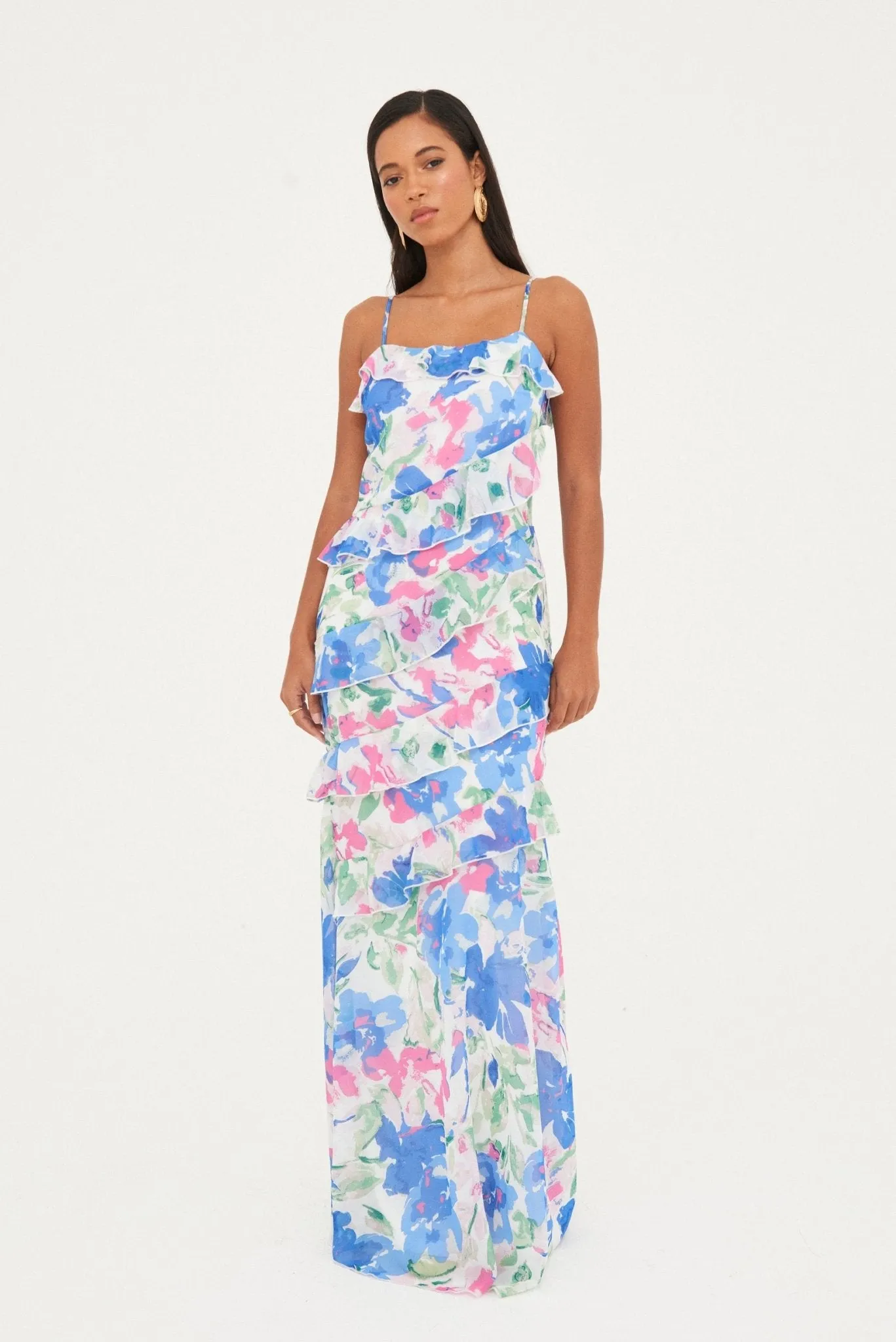 CHIFFON PRINTED RUFFLE MAXI DRESS