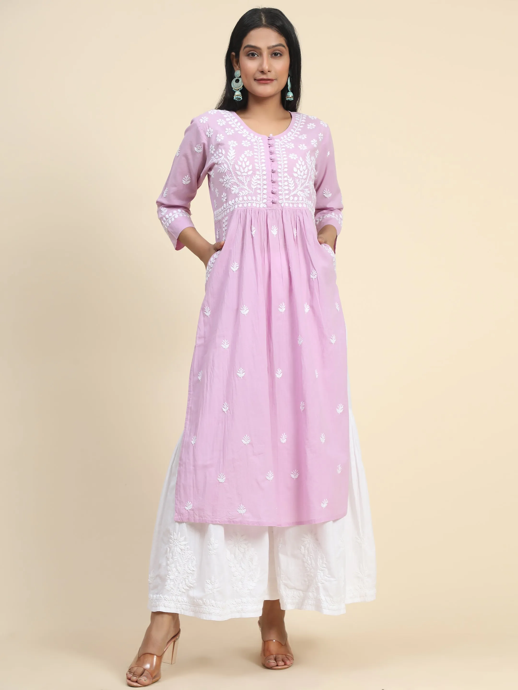 Chikankari Hand embroidery Round neck Dress with Pocket- Lavender