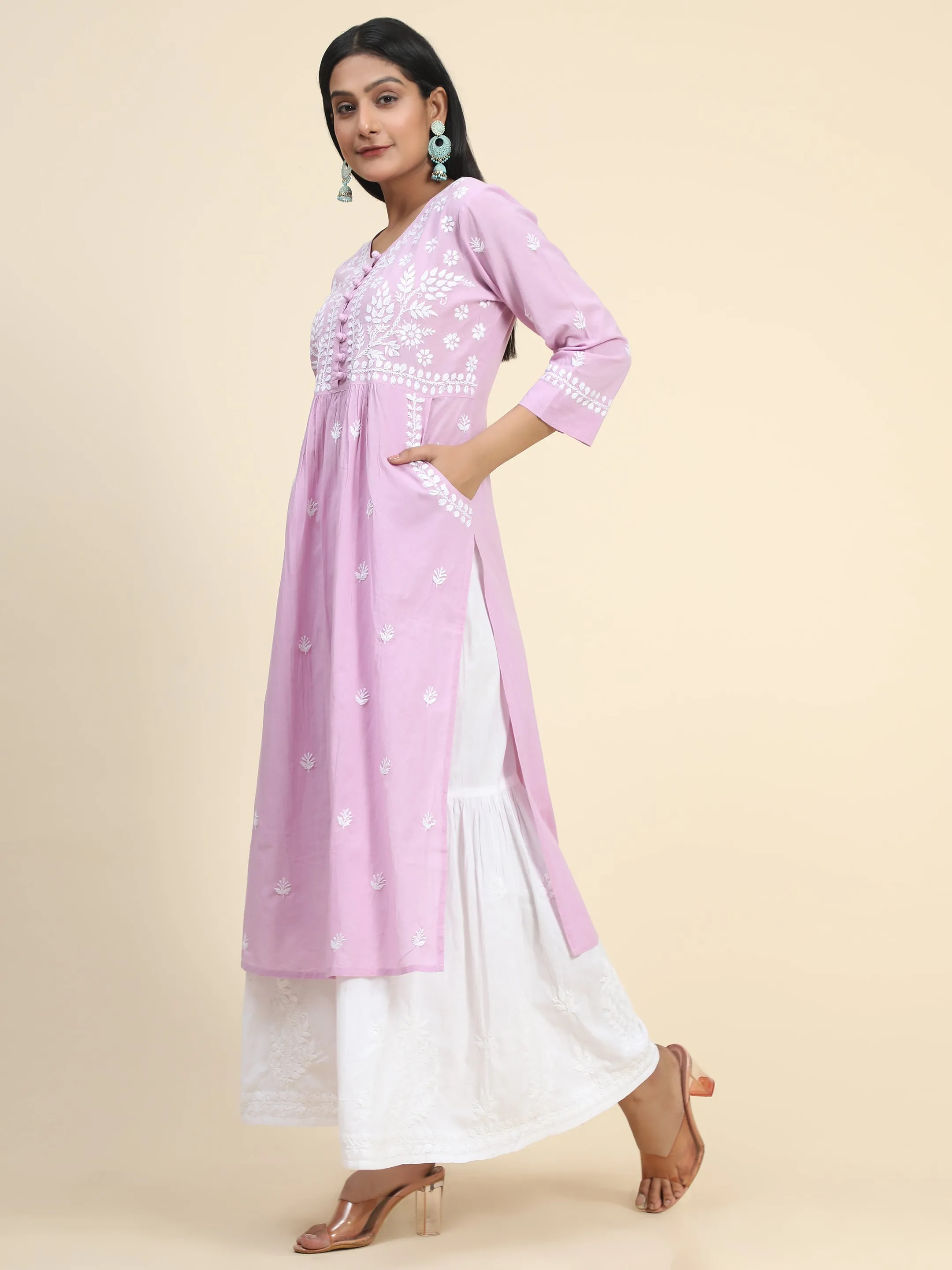 Chikankari Hand embroidery Round neck Dress with Pocket- Lavender