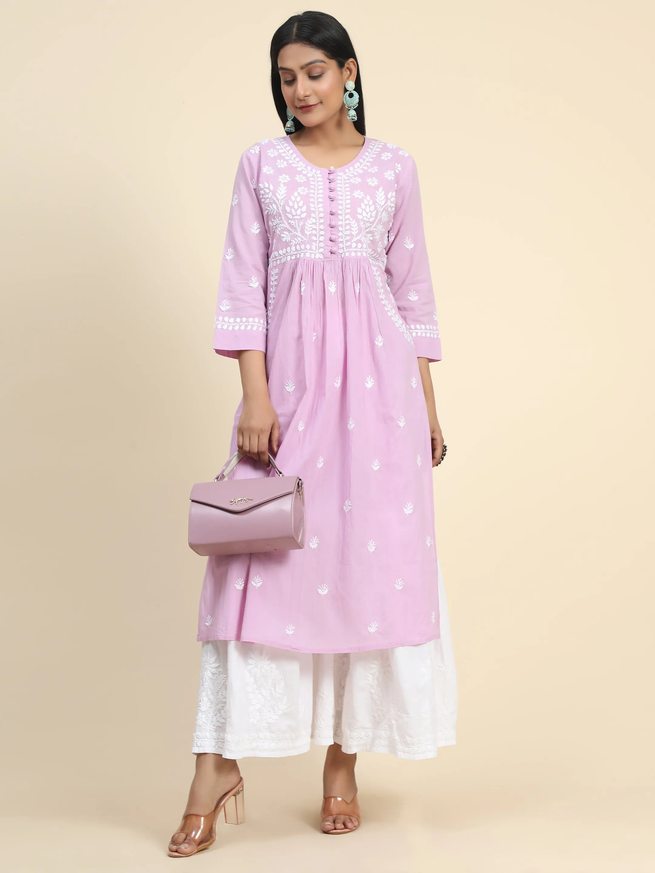 Chikankari Hand embroidery Round neck Dress with Pocket- Lavender