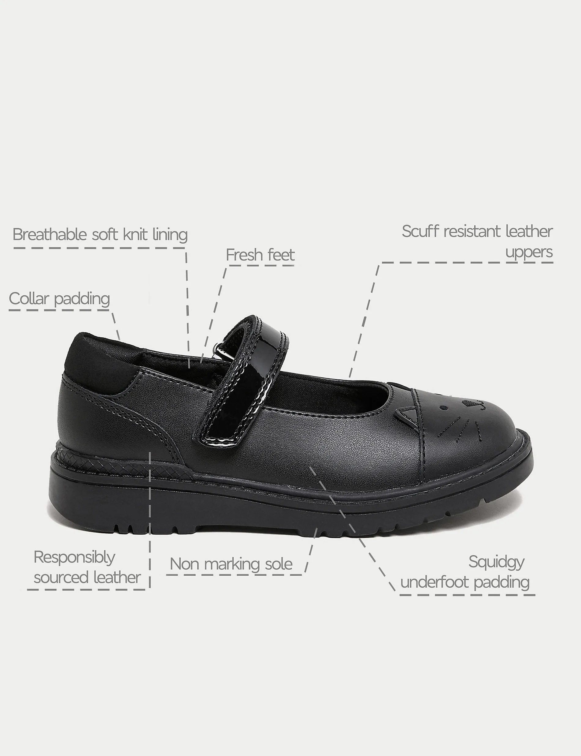 Children's leather Mary Jane Cat school shoes (8 small - 1 large) Marks & Spencer, black