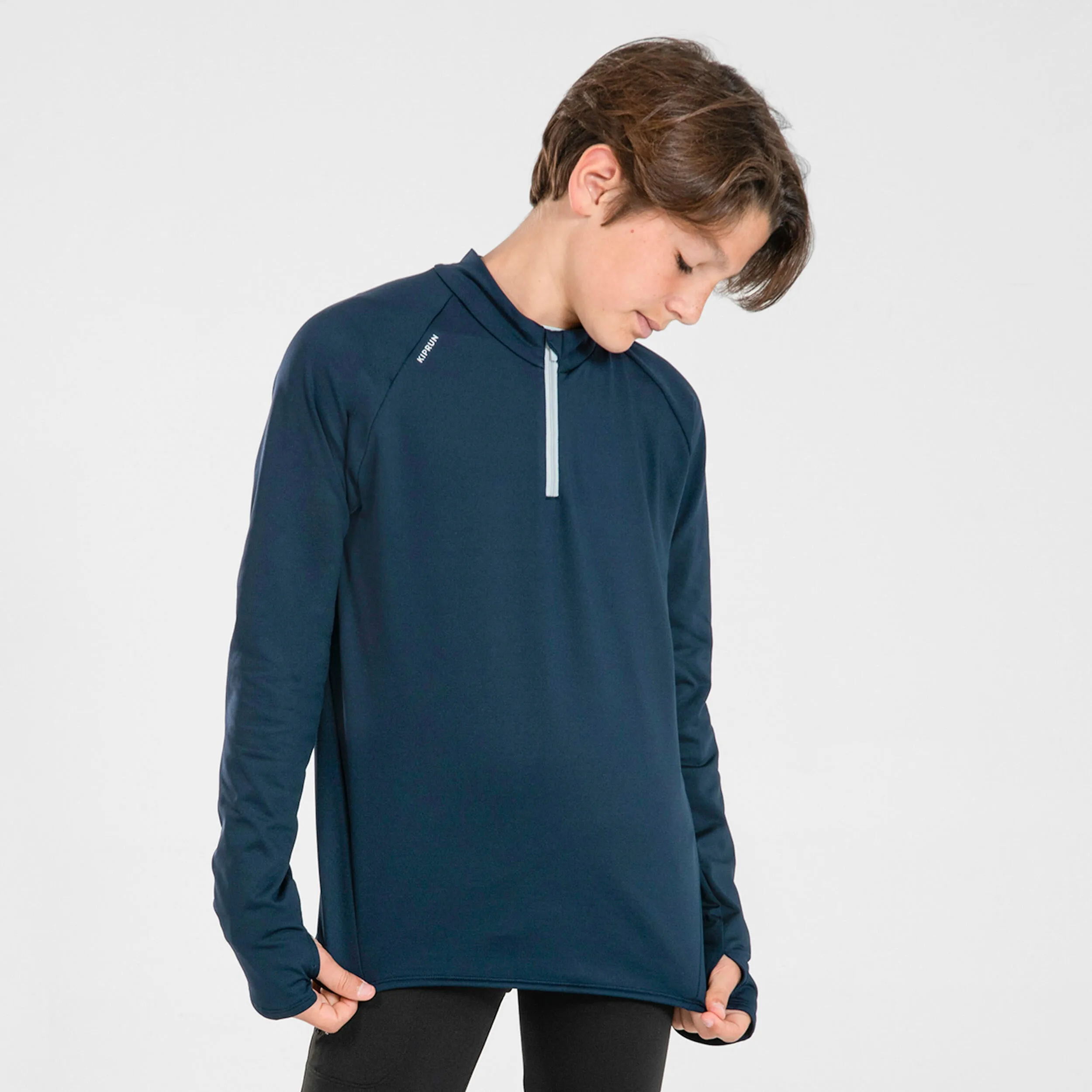 Children's Long Sleeve 1/2 Zip Running Shirt - Warm Navy KIPRUN dark blue