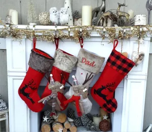 Children's Merry Moose Reindeer Christmas Stockings Embroidered Name Fun Red Gray Black Fur Buffalo Plaid Family Stocking Large Deer