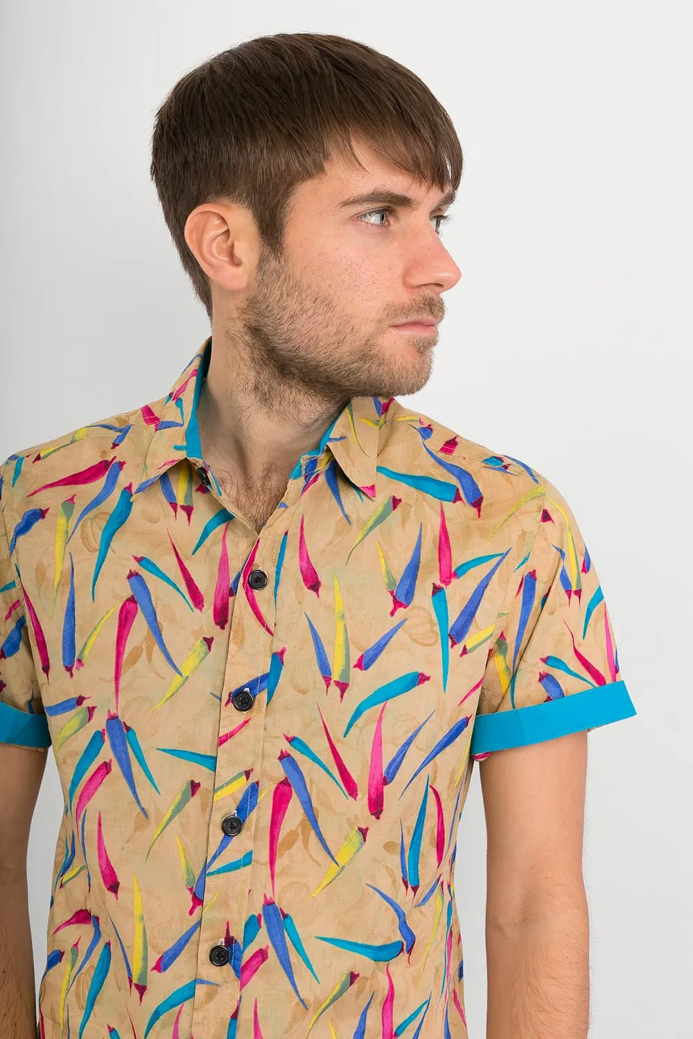 Chilli Print Cotton Slim-Fit Short-Sleeve Mens Shirt