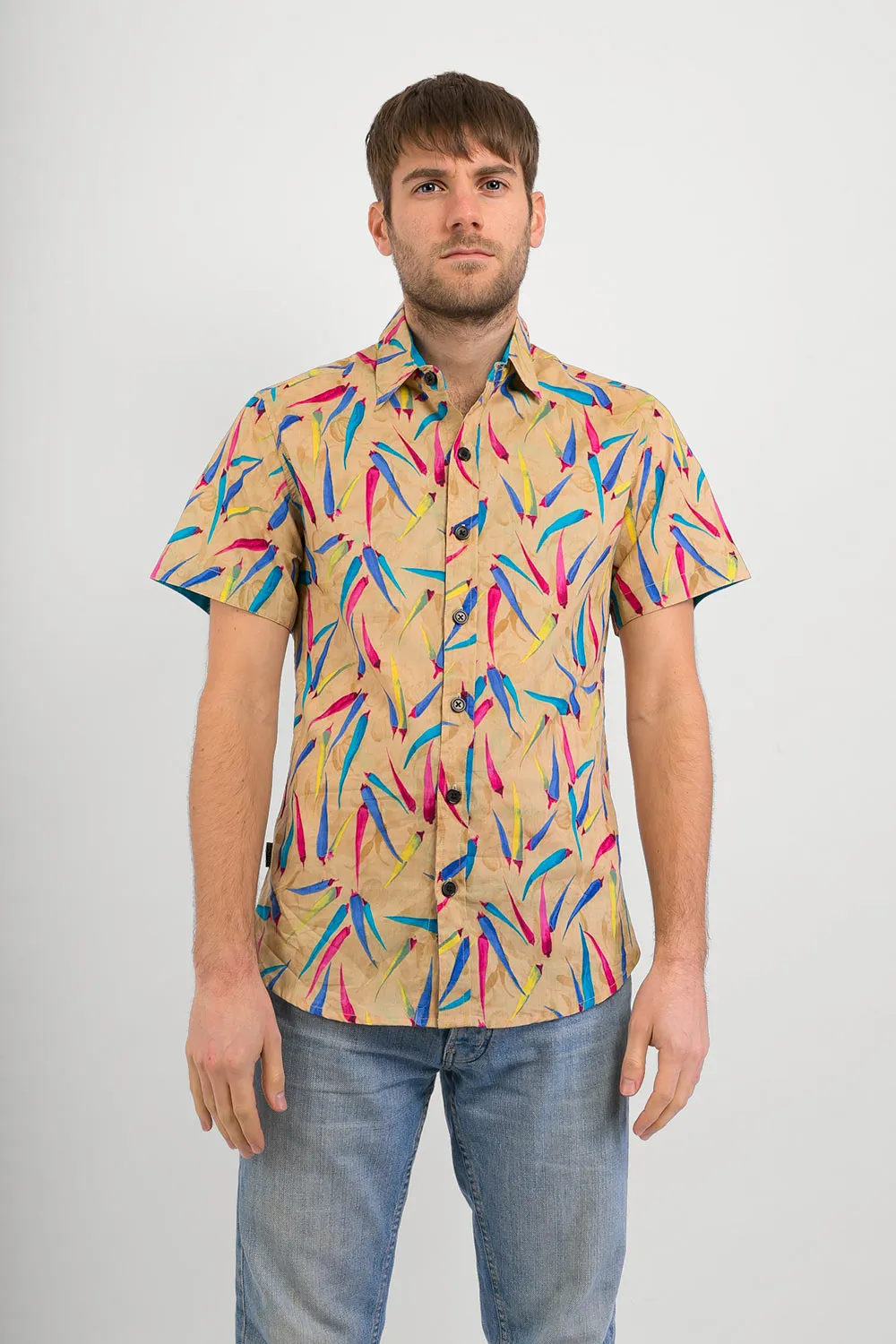 Chilli Print Cotton Slim-Fit Short-Sleeve Mens Shirt