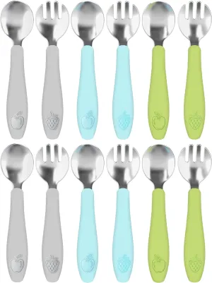 CHILLOUT LIFE Toddler Utensils Set, Kids Silverware with Silicone Handle, Stainless Steel Metal Toddler Forks and Spoons Safe Baby Cutlery for Self Feeding-12 Pieces