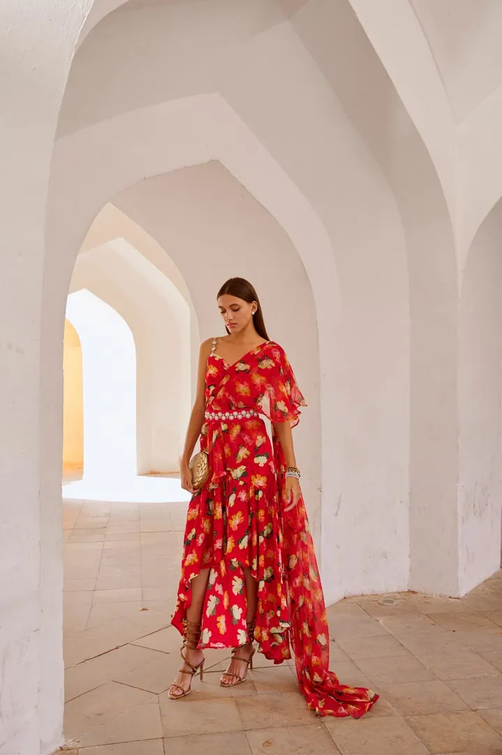 Chilly red poppy  gul dress drape saree with belt