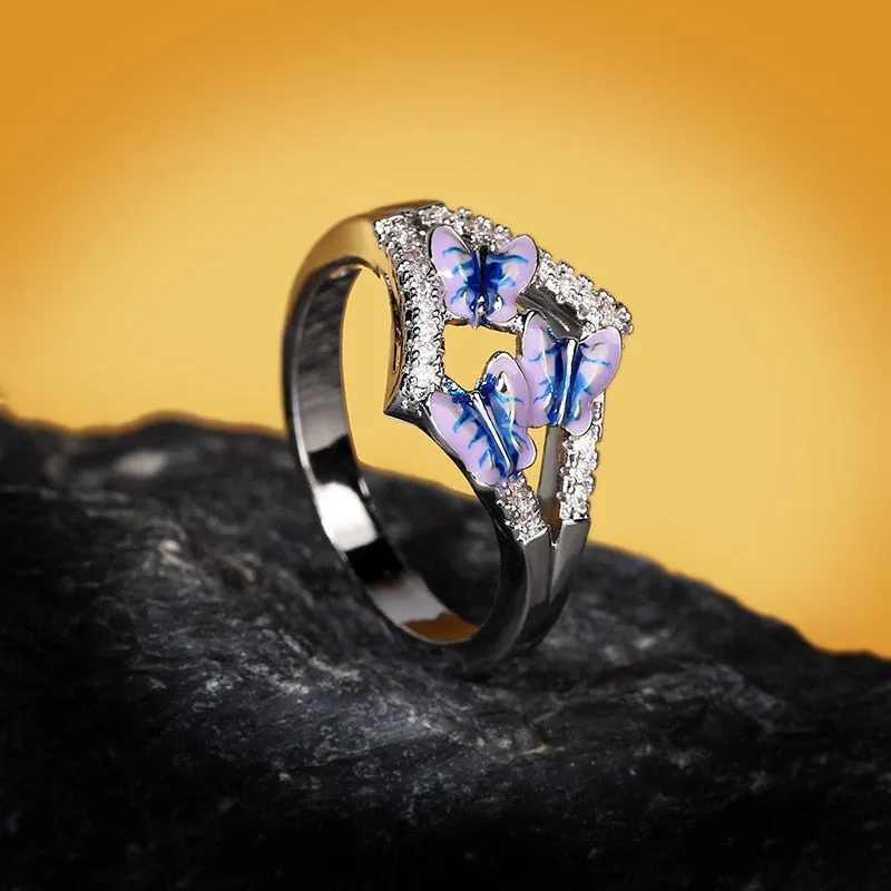 Chinese Jewelry Blue Butterfly Enamel Ring for Women with Zircon in 925 Silver