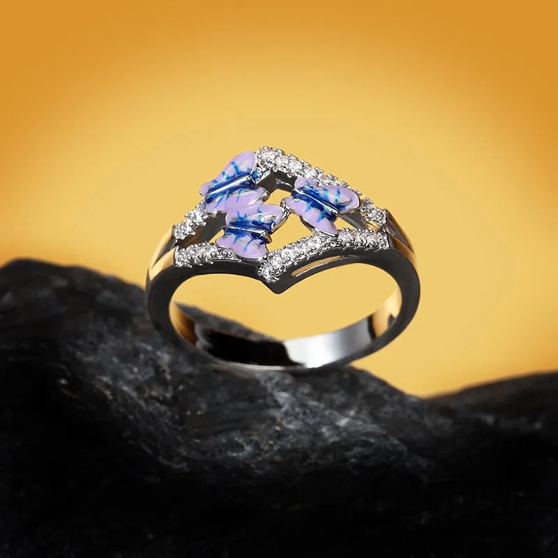 Chinese Jewelry Blue Butterfly Enamel Ring for Women with Zircon in 925 Silver