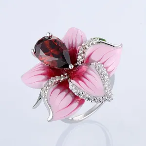 Chinese Jewelry Classic Flower Enamel Ring for Women with Zircon in Silver Color