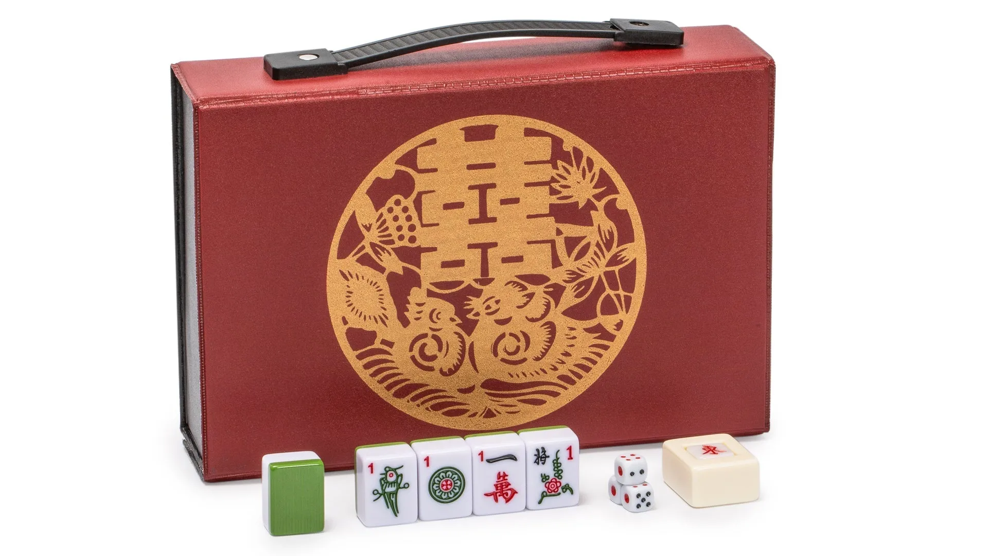 Chinese Mahjong Set, "Bamboo Oasis" with 146 Small Tiles, Red Vinyl Case, Wind Indicator and Dice - for Chinese Style Gameplay Only