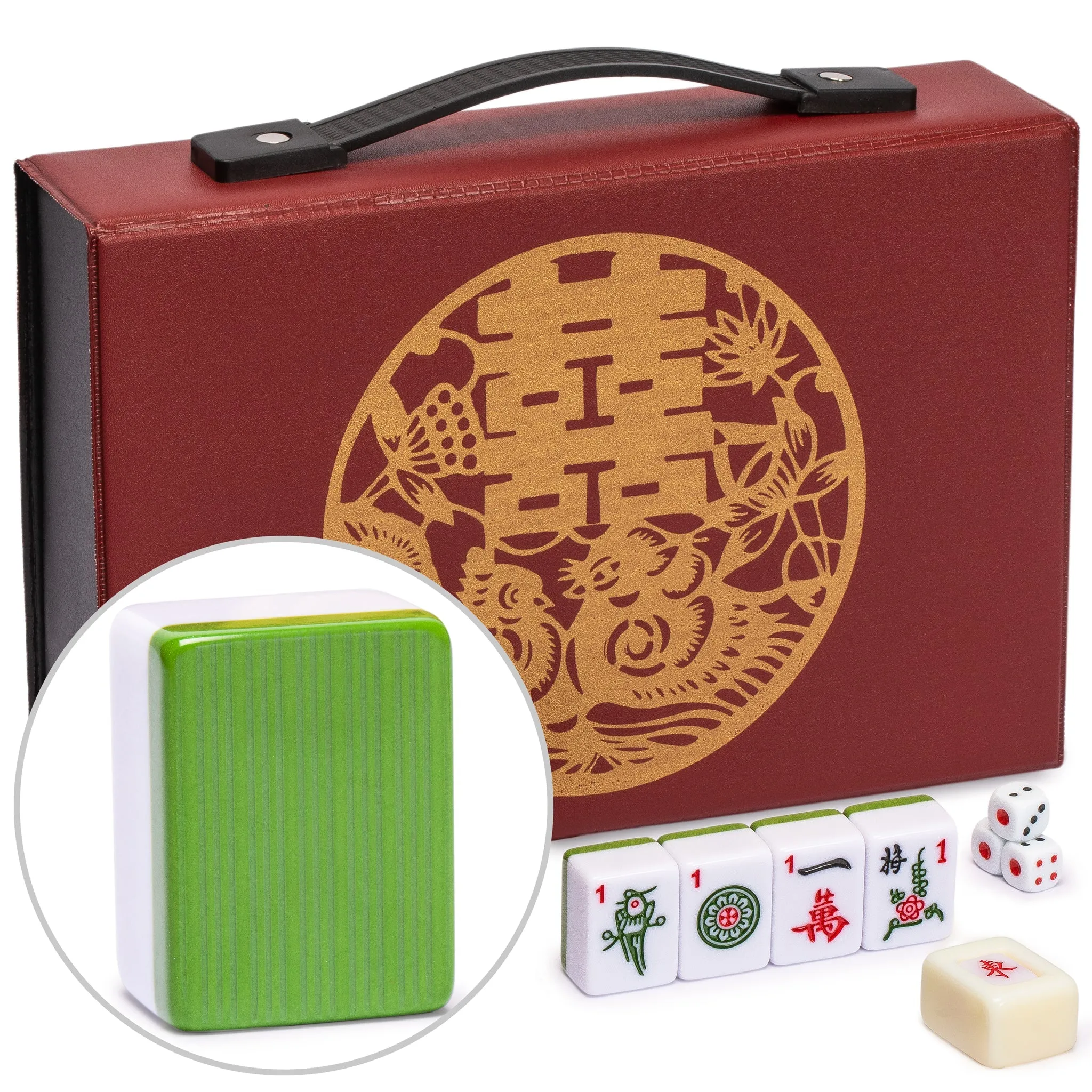 Chinese Mahjong Set, "Bamboo Oasis" with 146 Small Tiles, Red Vinyl Case, Wind Indicator and Dice - for Chinese Style Gameplay Only