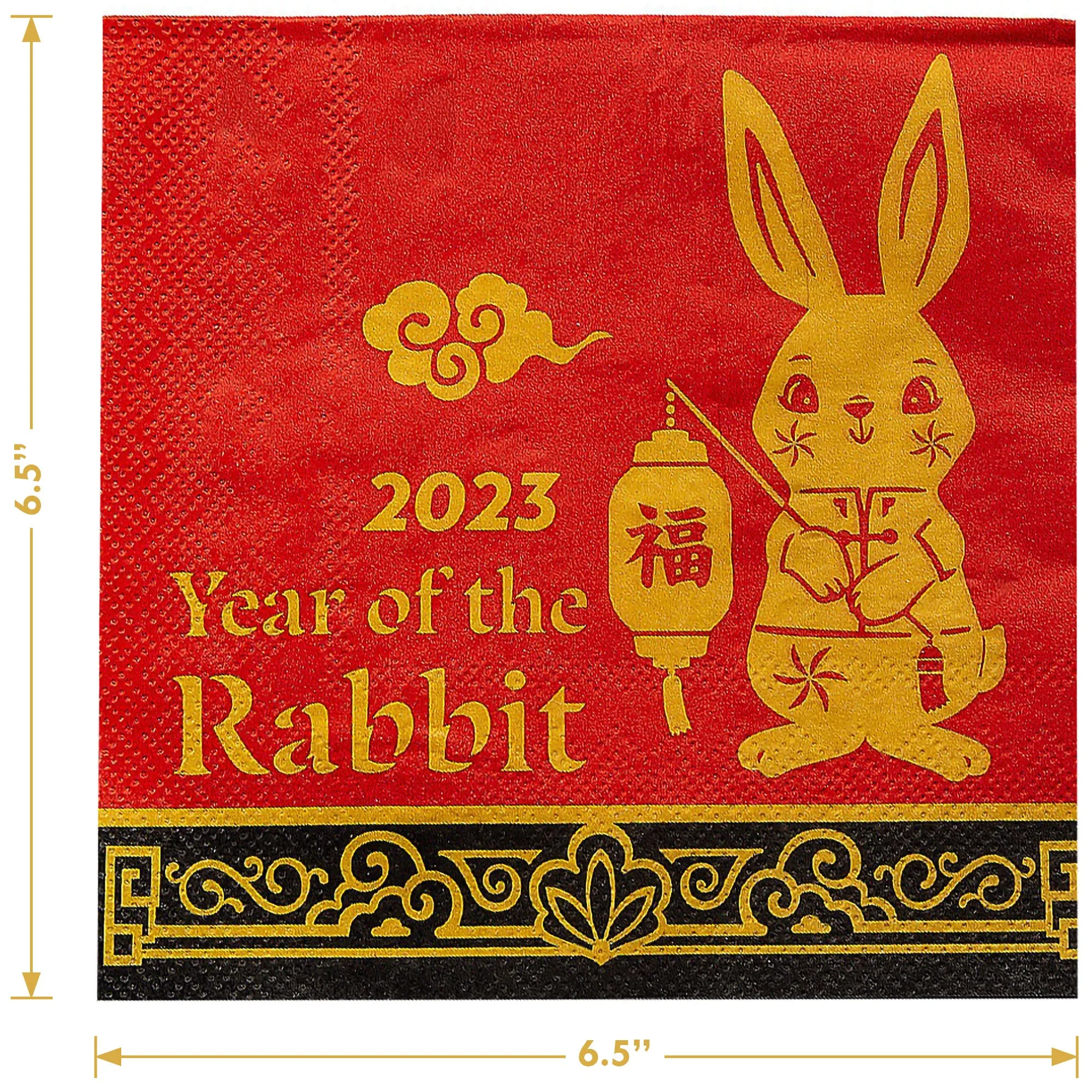 Chinese New Year Celebration Red and Gold Paper Dinner Plates and Lunch Napkins - Year of The Rabbit (Serves 16)