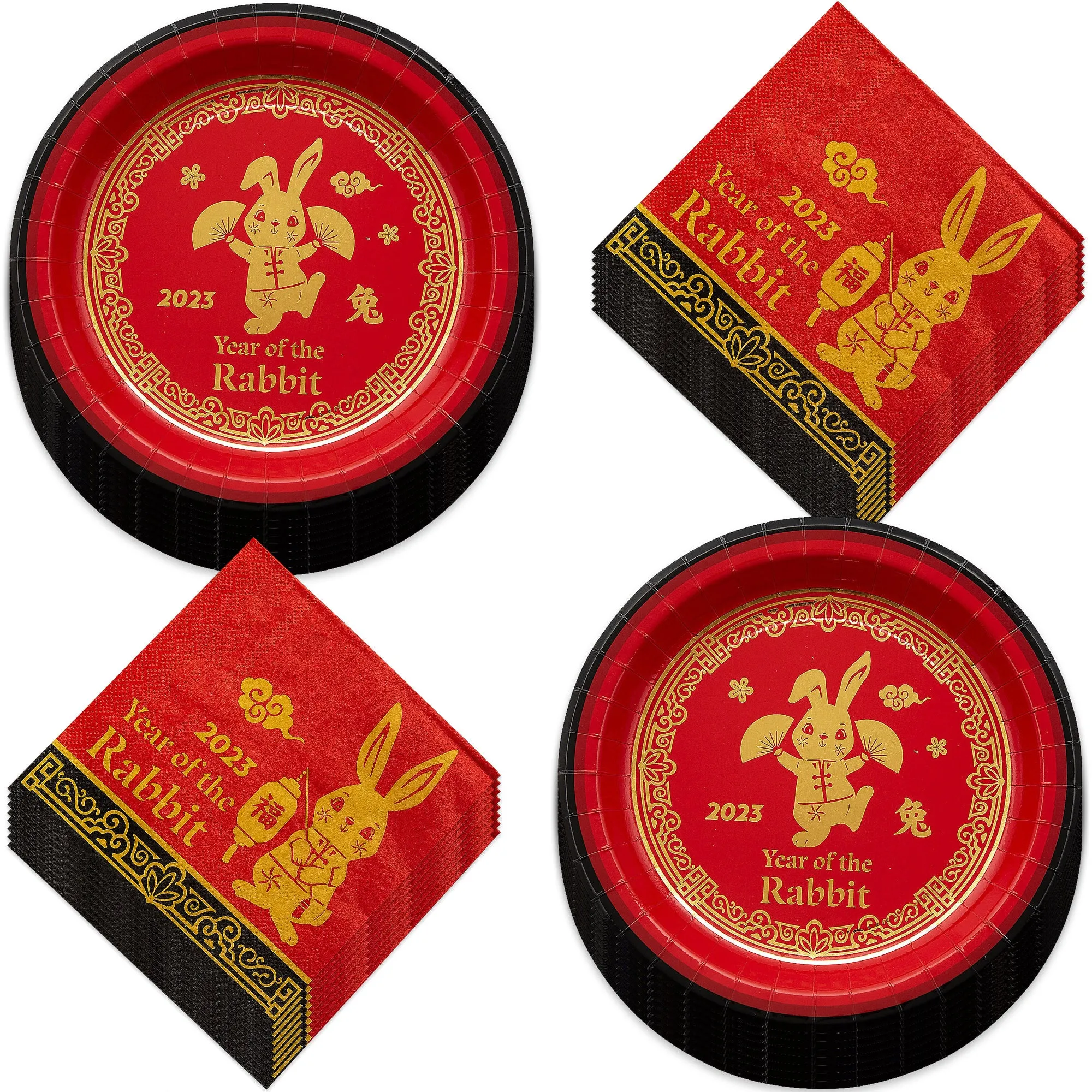 Chinese New Year Celebration Red and Gold Paper Dinner Plates and Lunch Napkins - Year of The Rabbit (Serves 16)