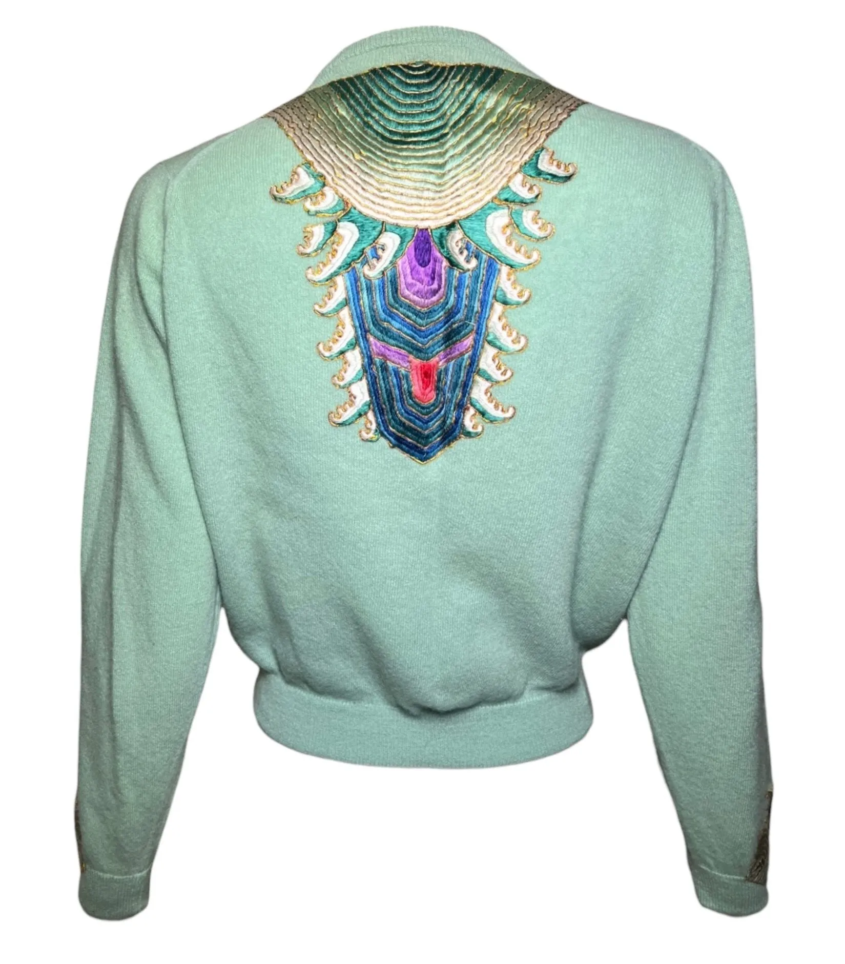 Chinese Qing Embroidery Appliqué Turquoise Cashmere Cardigan Sweater- RARE