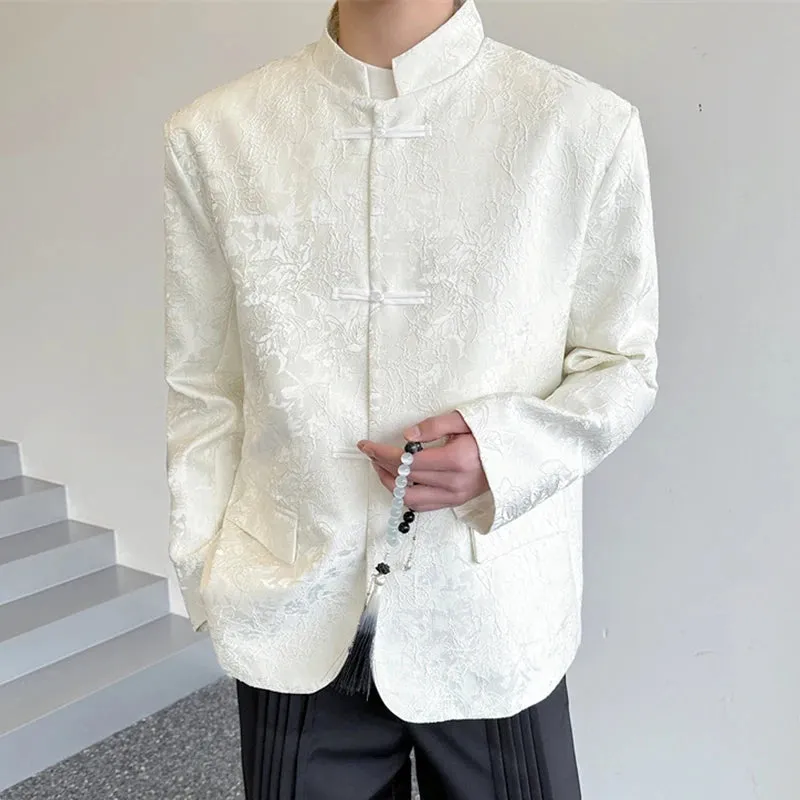 Chinese Style Men's Blazer Jacquard Dark Flower Pearl Plate Buckle Suit Coat Male Fashion Spring Stand Collar 5125