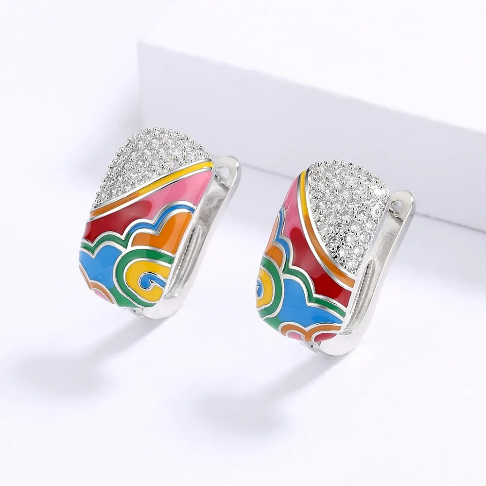 Chinese Style Moire Enamel Drop Earrings for Women with Zircon in 925 Sterling Silver